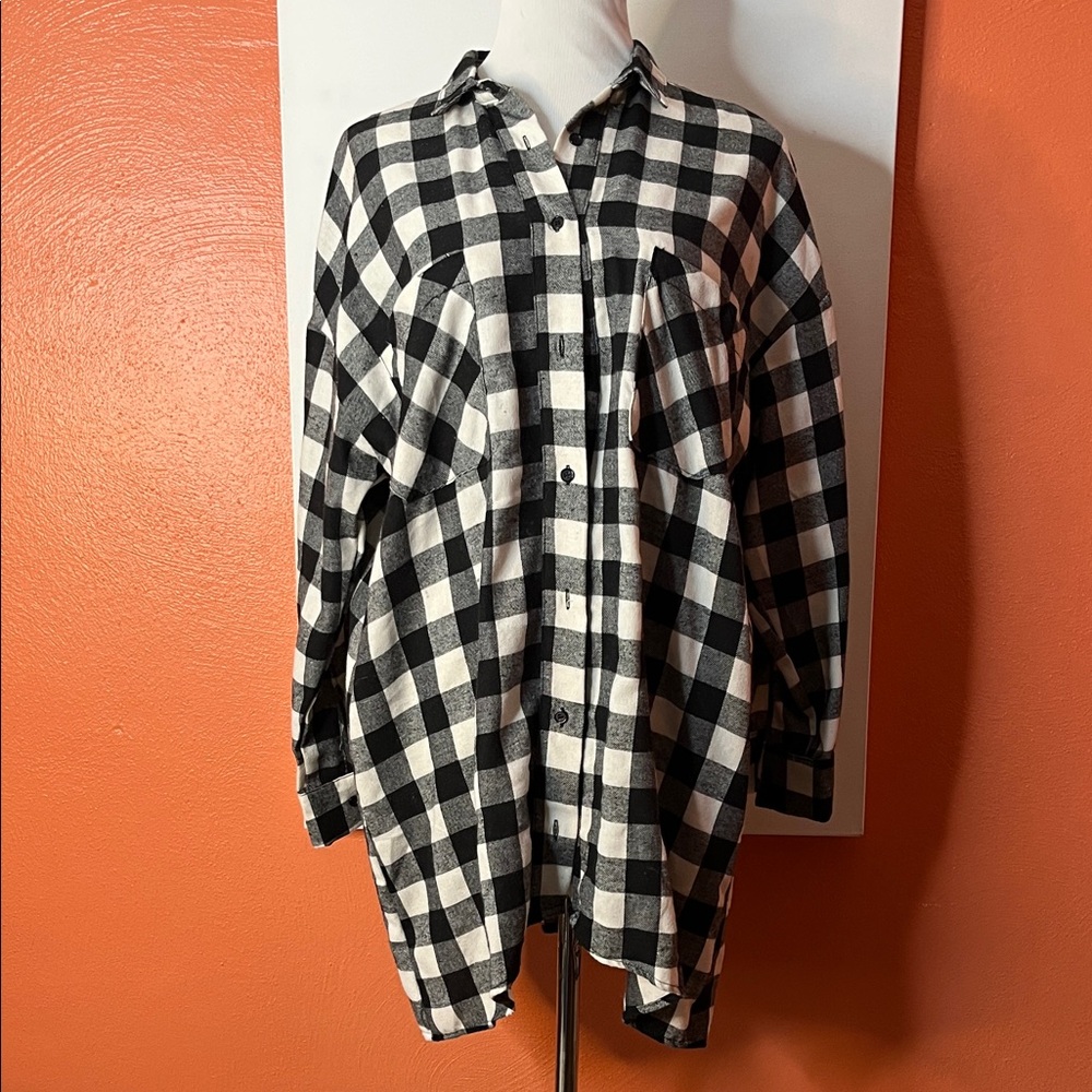 Black and White Buffalo Plaid Button-Up Shirt Dress